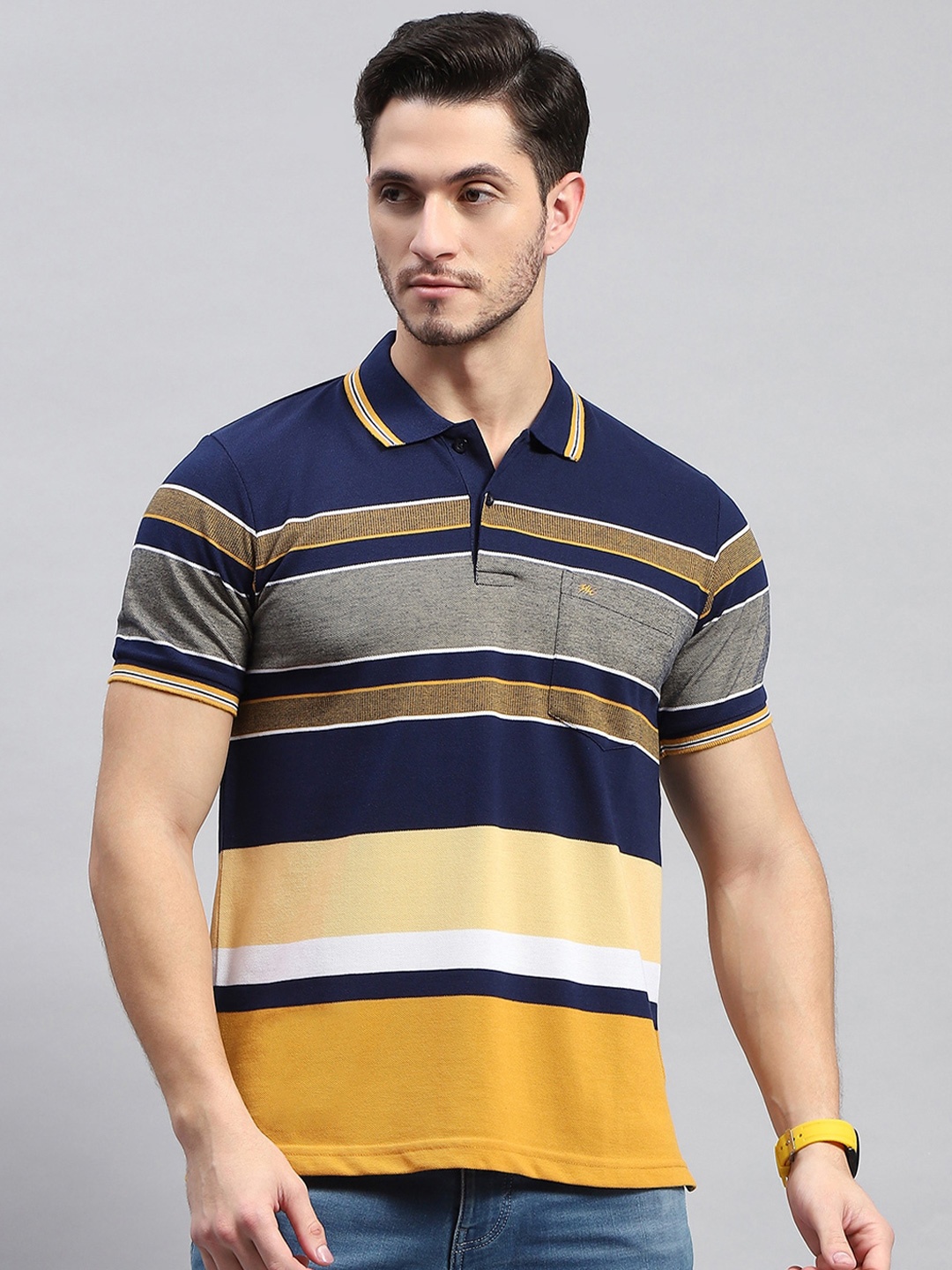 

Monte Carlo Striped Polo Collar Cotton T-shirt, Navy blue
