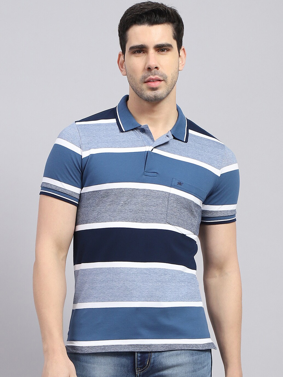 

Monte Carlo Striped Polo Collar Short Sleeves Cotton T-shirt, Blue