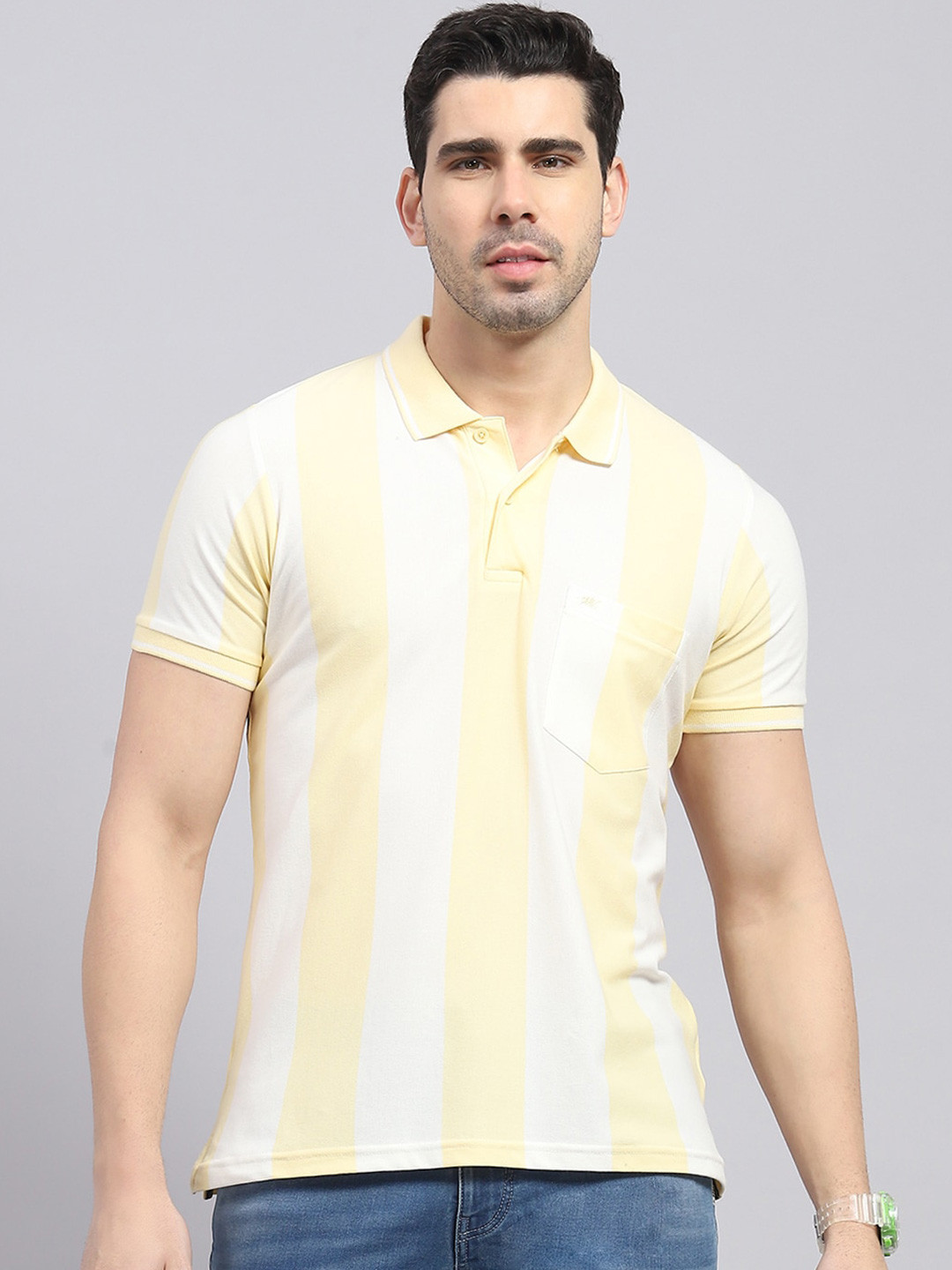 

Monte Carlo Striped Polo Collar Cotton T-Shirt, Yellow