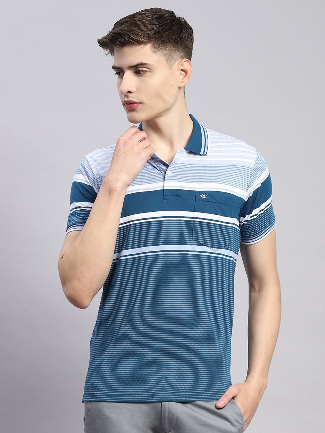 

Monte Carlo Striped Polo Collar Cotton T-Shirt, Teal