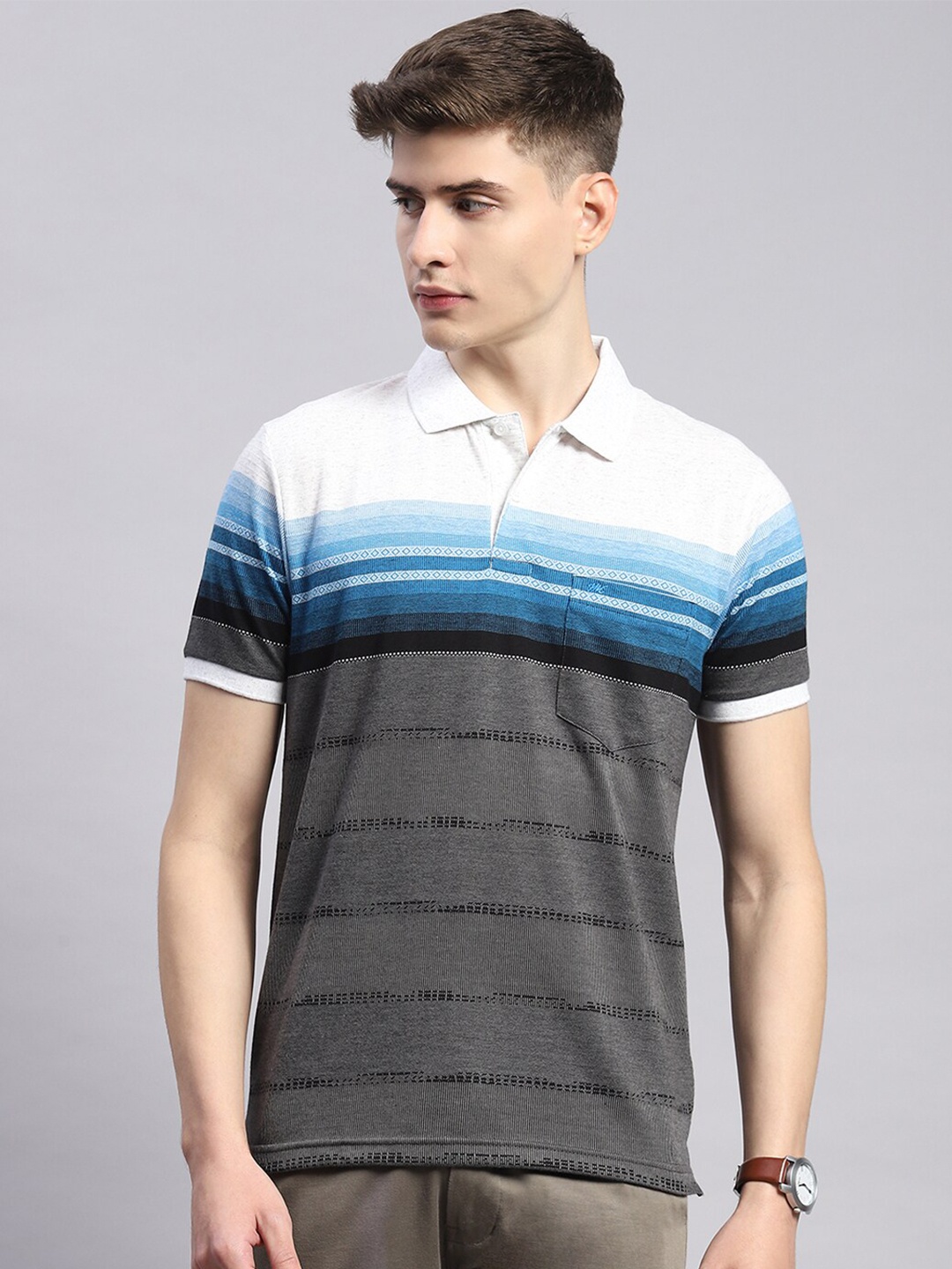 

Monte Carlo Striped Polo Collar Cotton Regular Fit T-shirt, Grey