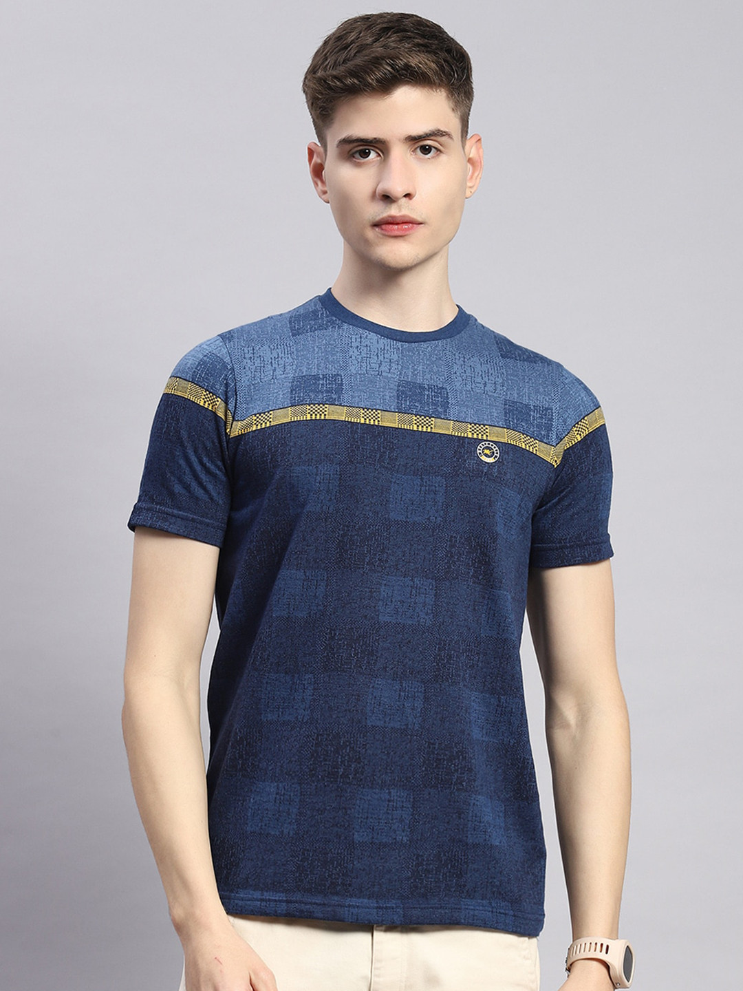 

Monte Carlo Geometric Printed Round Neck Cotton T-shirt, Blue