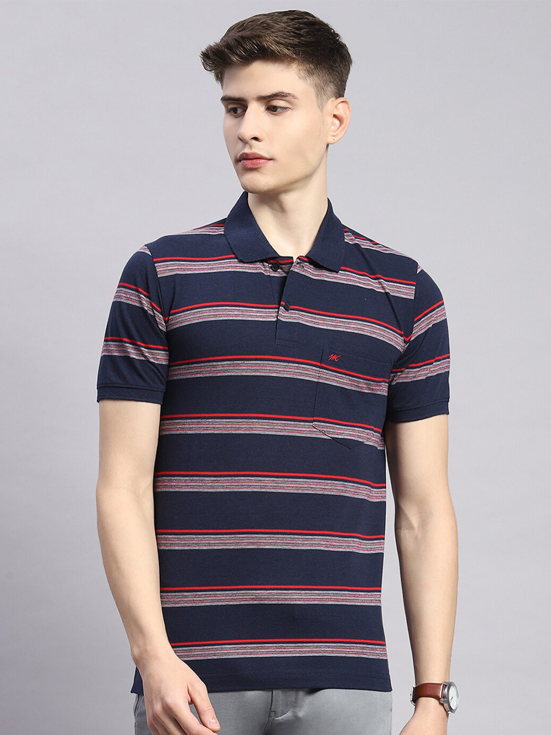 

Monte Carlo Striped Polo Collar Cotton T-shirt, Navy blue