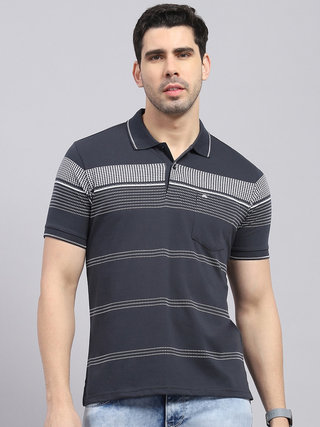 

Monte Carlo Striped Polo Collar Cotton T-shirt, Charcoal