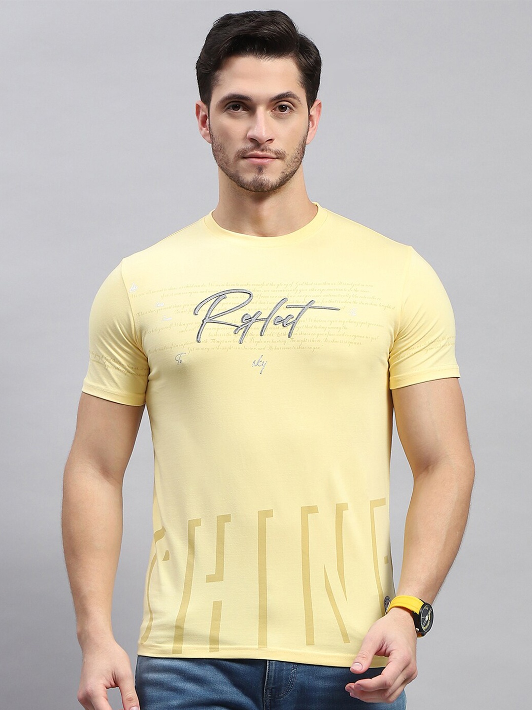 

Monte Carlo Typography Printed Round Neck Cotton T-shirt, Yellow