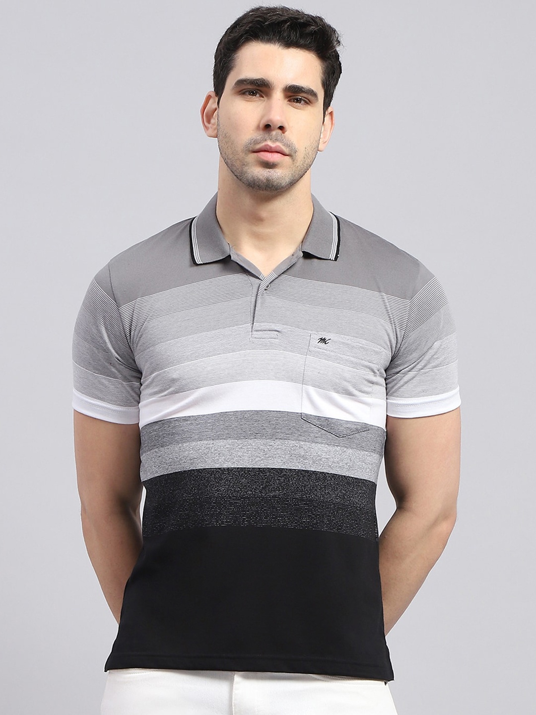 

Monte Carlo Striped Polo Collar Cotton T-shirt, Grey