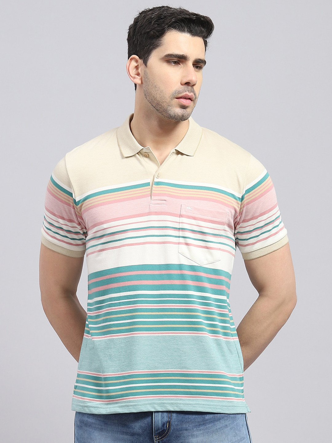 

Monte Carlo Striped Polo Collar Cotton T-shirt, Green