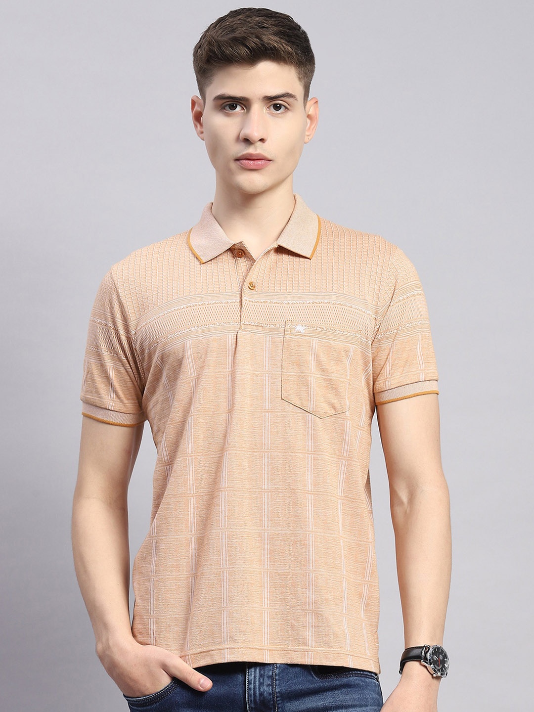 

Monte Carlo Striped Polo Collar Cotton Regular Fit T-shirt, Beige