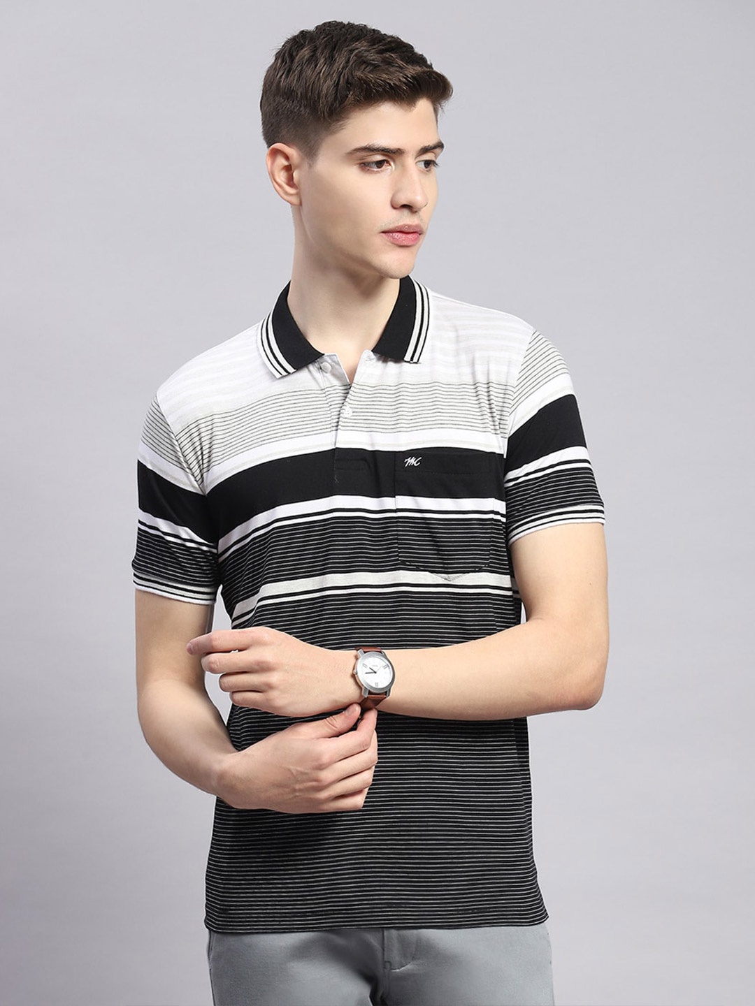 

Monte Carlo Striped Polo Collar Cotton T-Shirt, Black