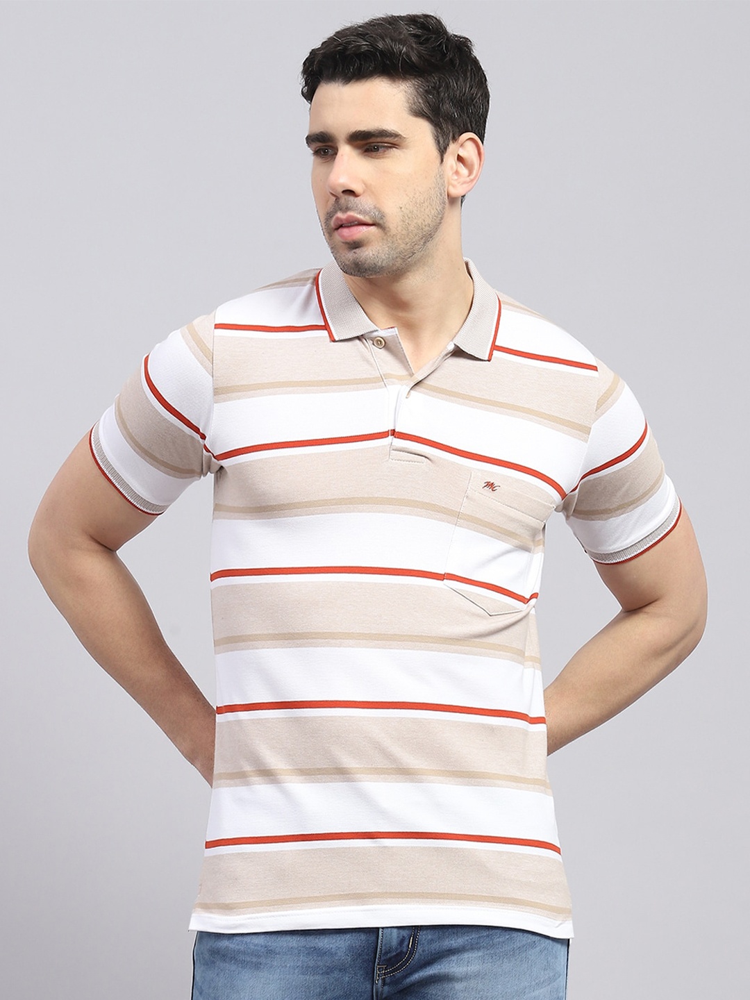 

Monte Carlo Striped Polo Collar Cotton T-shirt, Brown