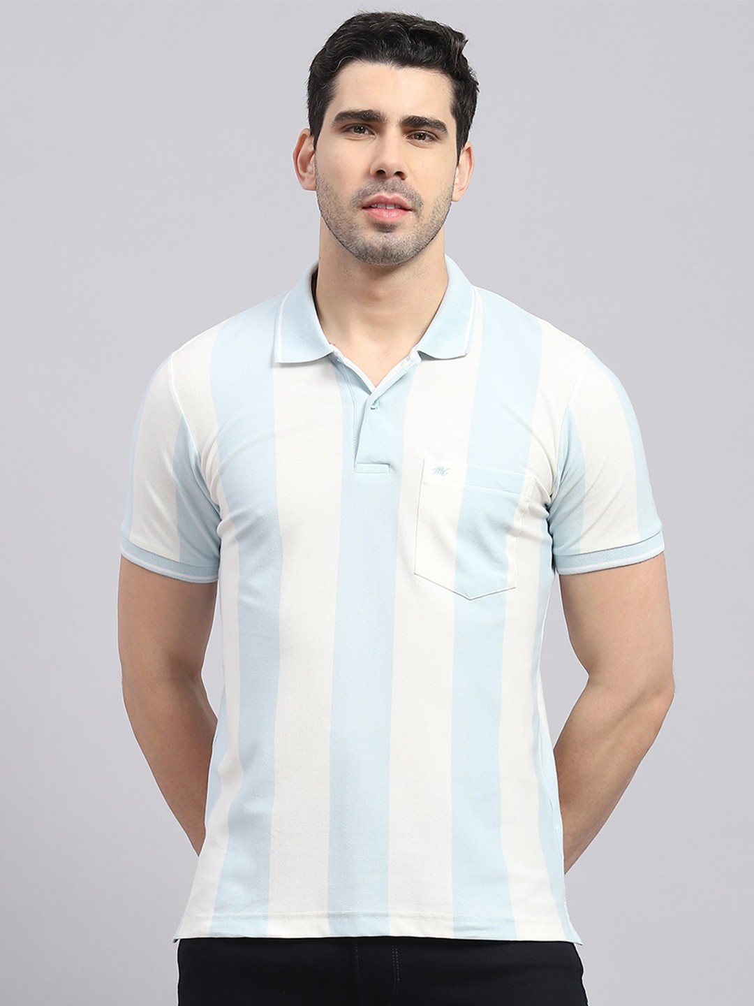 

Monte Carlo Striped Polo Collar Short Sleeves Cotton T-shirt, Blue