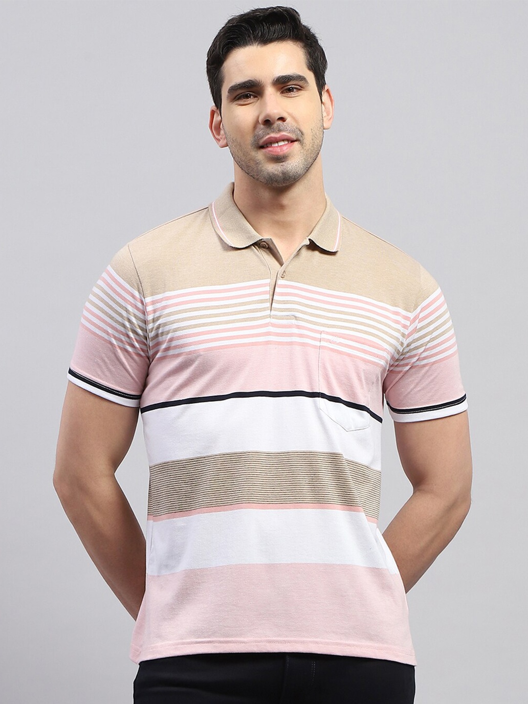 

Monte Carlo Striped Polo Collar Cotton T-Shirt, Pink