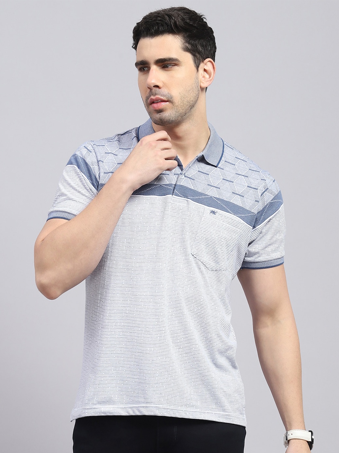 

Monte Carlo Striped Polo Collar Cotton T-shirt, Blue