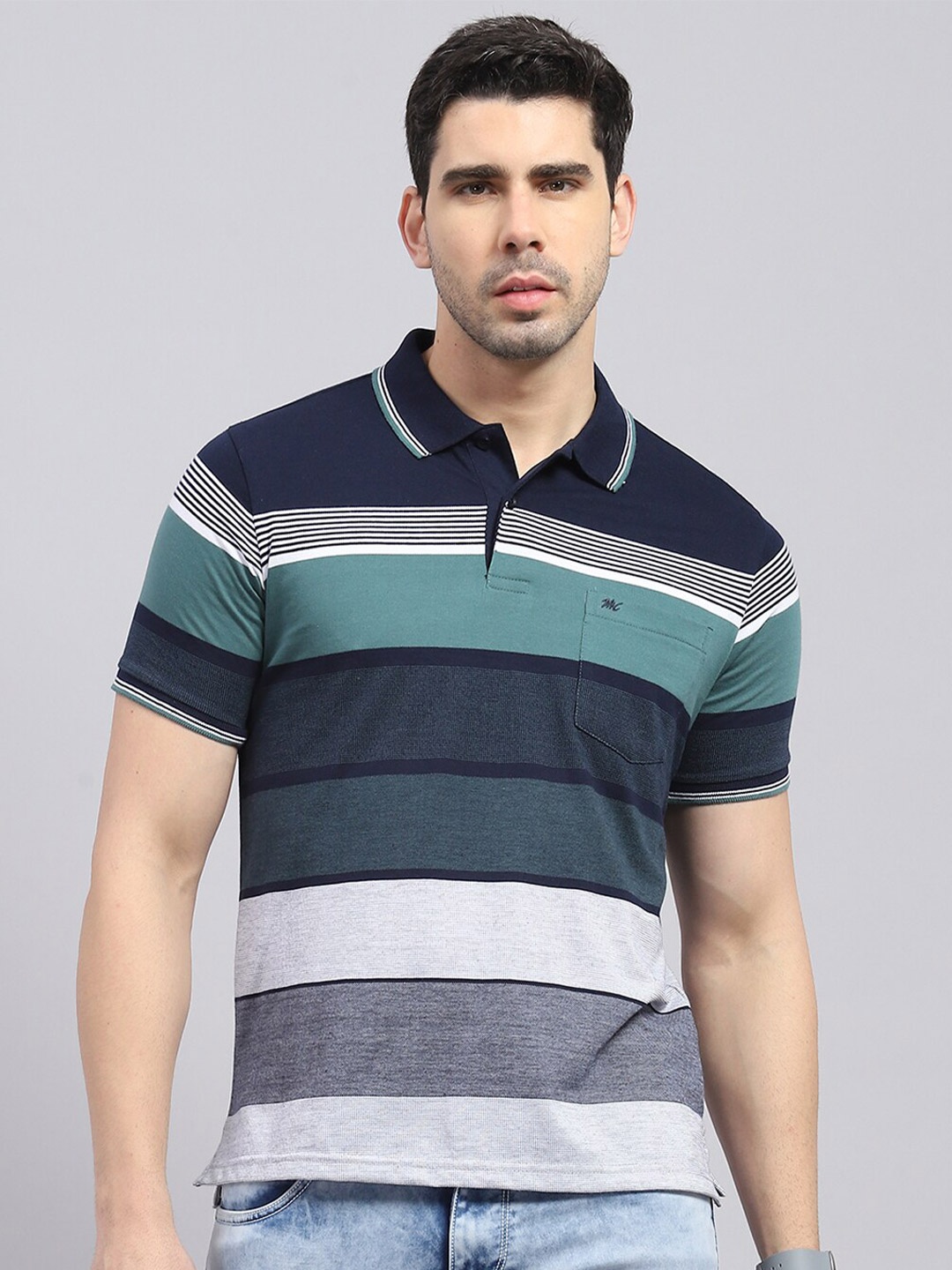 

Monte Carlo Striped Polo Collar Cotton T-shirt, Navy blue