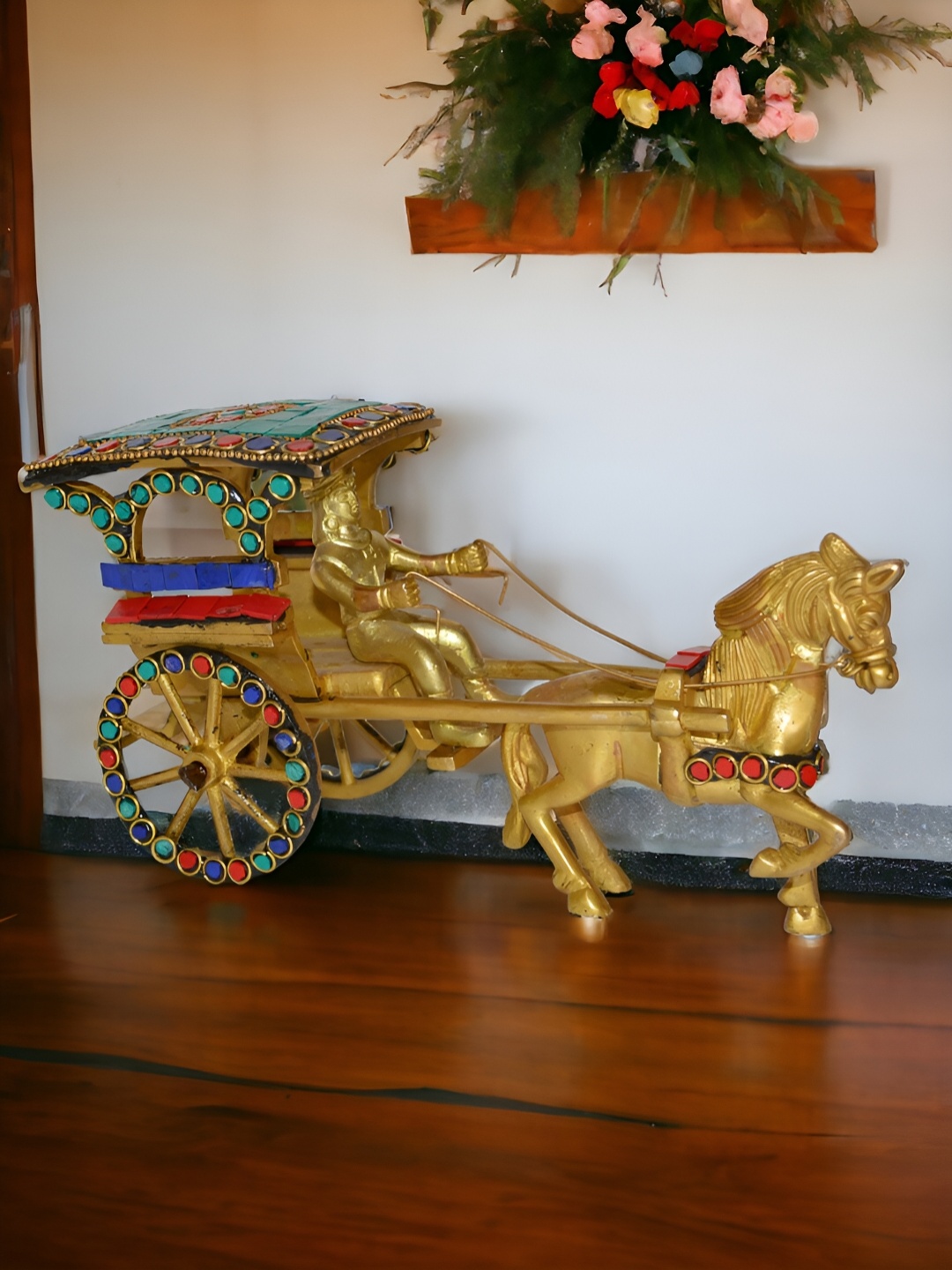 

Aakrati Yellow and Red Vintage Old Horse Cart Brass Figurine Showpiece