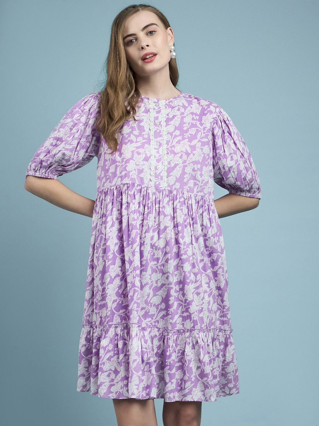 

DressBerry Floral Printed Puff Sleeve Cotton Fit & Flare Dress, Purple