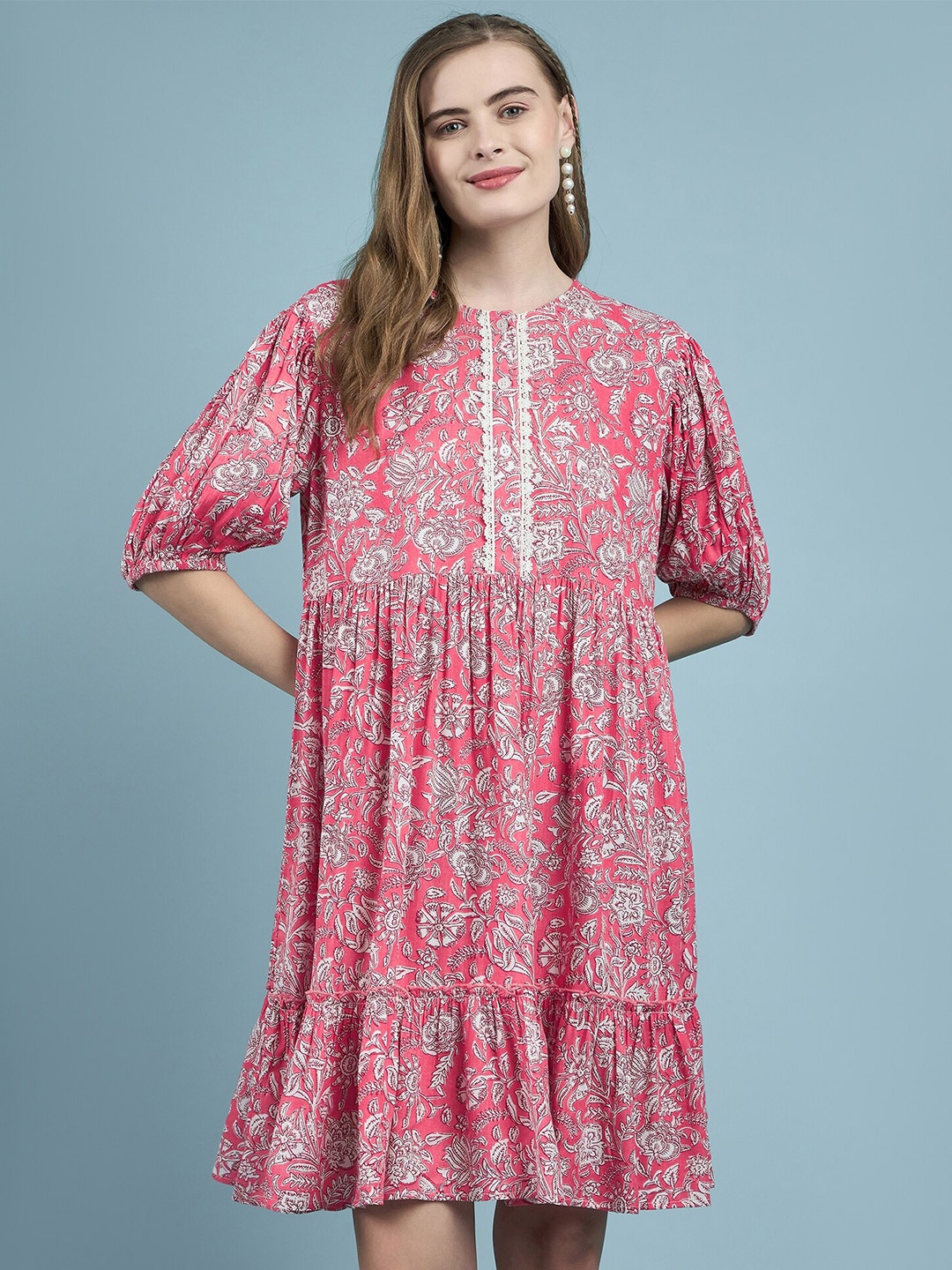 

DressBerry Floral Printed Cotton A-Line Dress, Pink