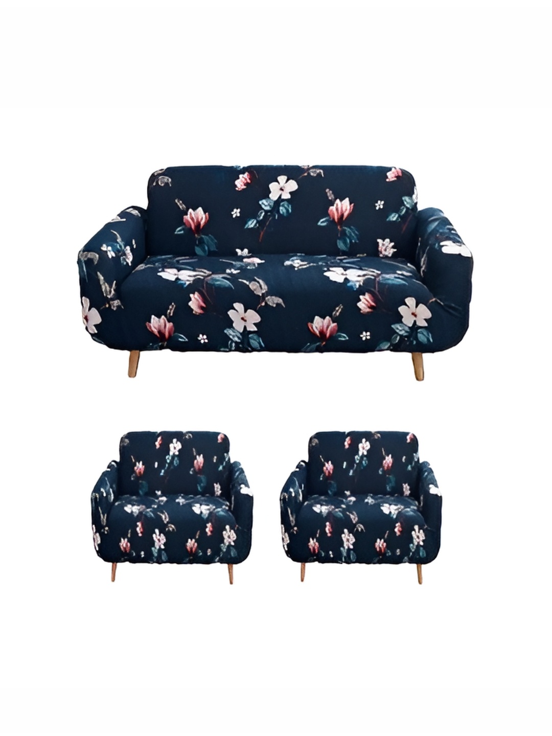 

TONY STARK Blue 3 Pieces Floral Printed 5 Seater Sofa Cover With Arms