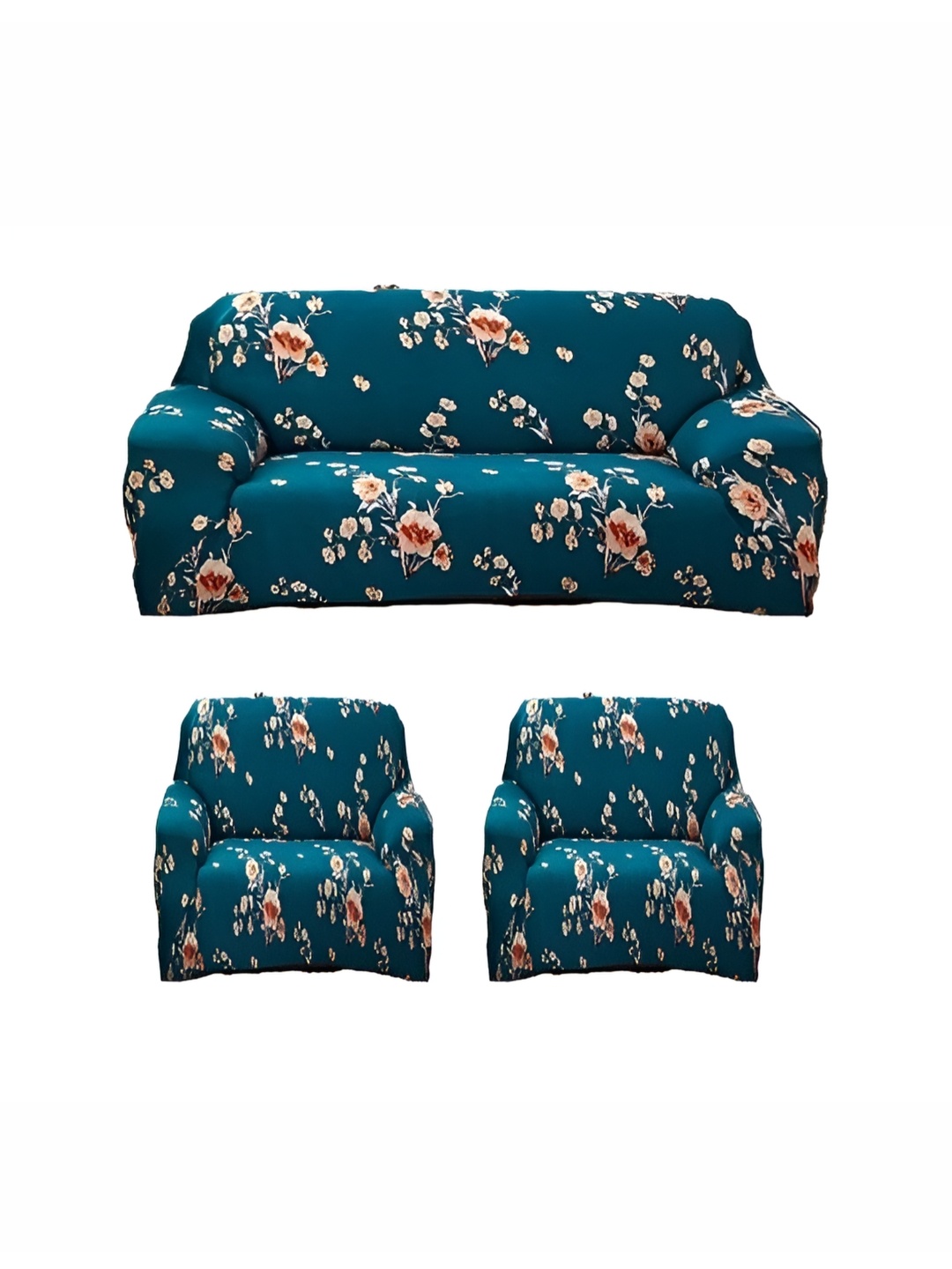 

TONY STARK Blue Polyester 3 Pieces Floral Printed Sofa Cover With Arms