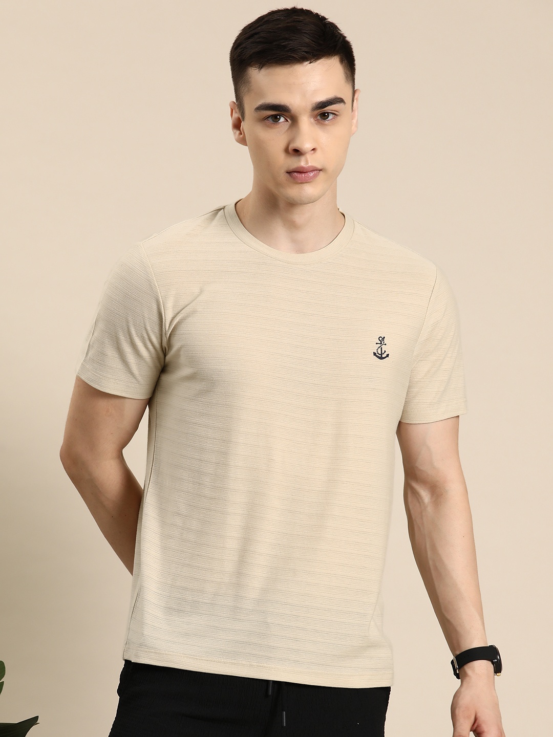 

Mast & Harbour Men Self Design Regular Fit T-shirt, Beige