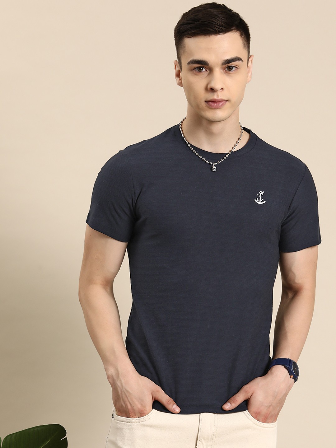 

Mast & Harbour Men Self Design Regular Fit T-shirt, Navy blue