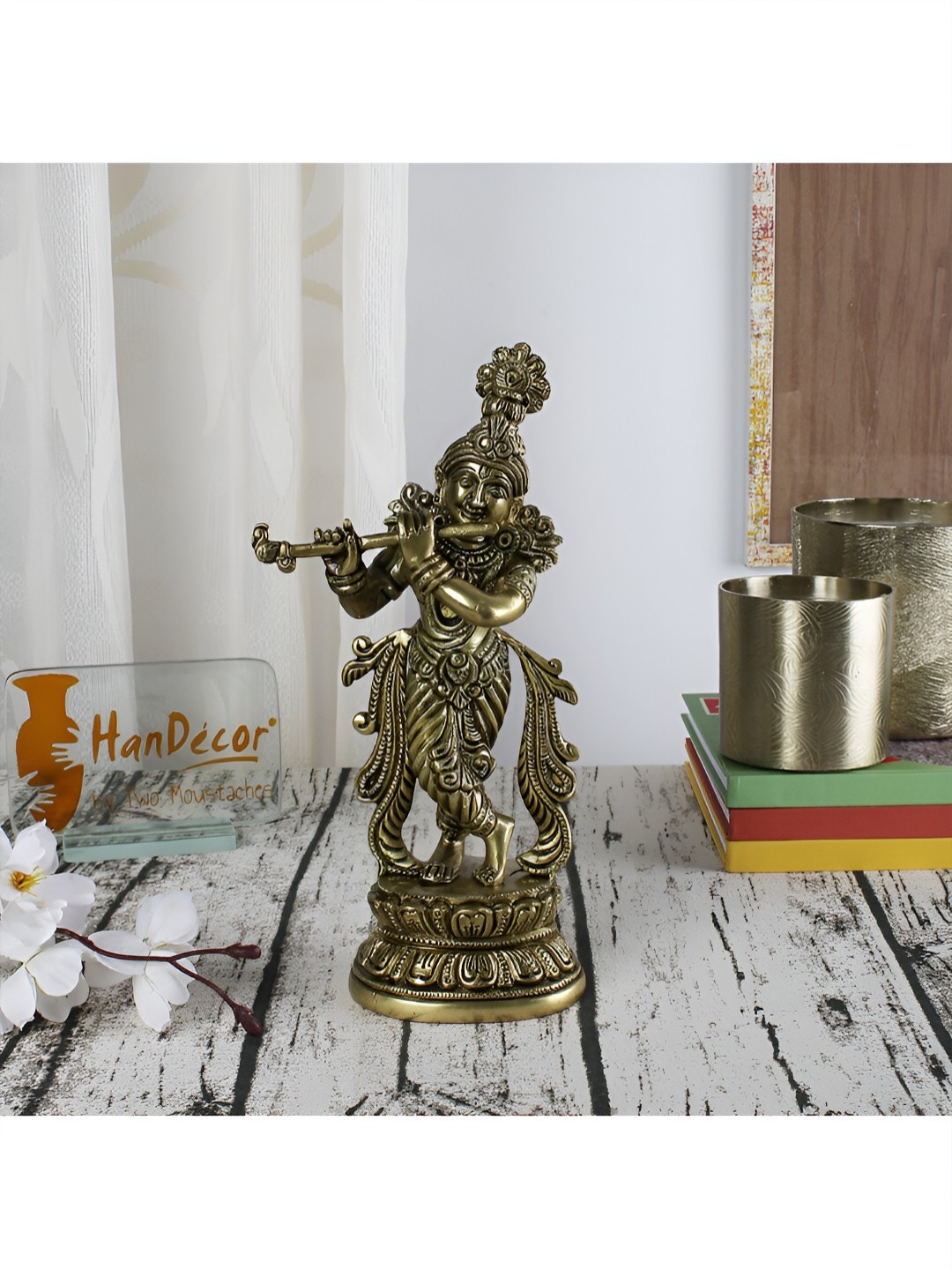 

Two Moustaches Religious Brass Murli Krishna Idol Showpiece, Gold