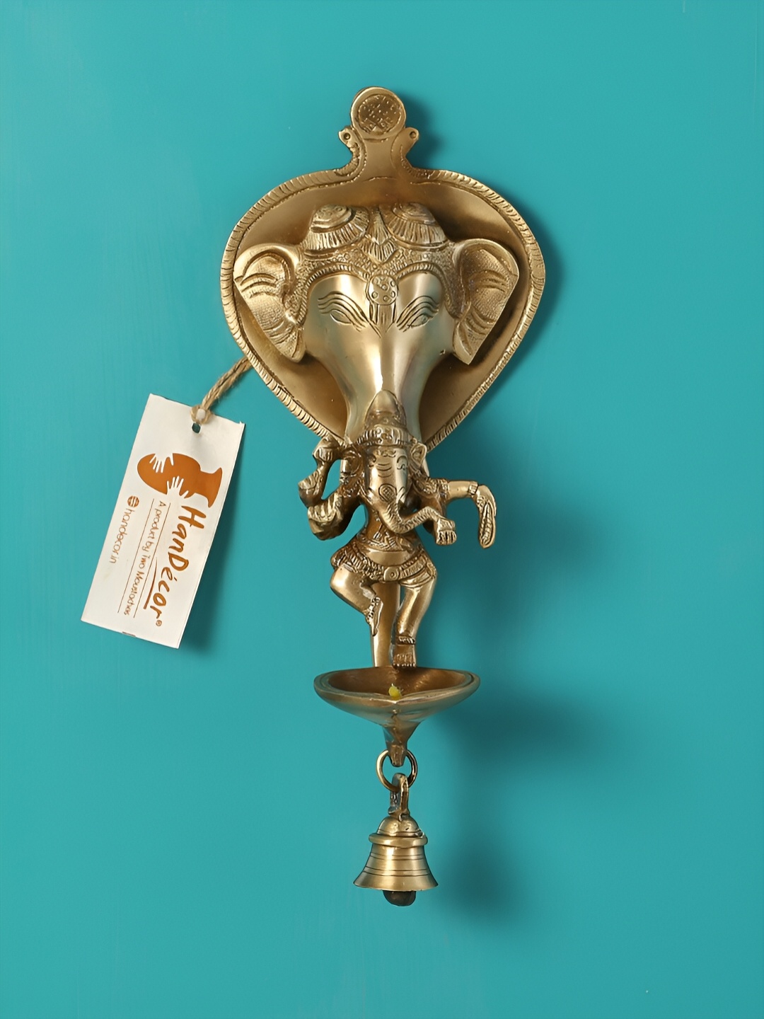 Two Moustaches Brown Brass Ganesh Hanging Deepak with Bell Wall Decor