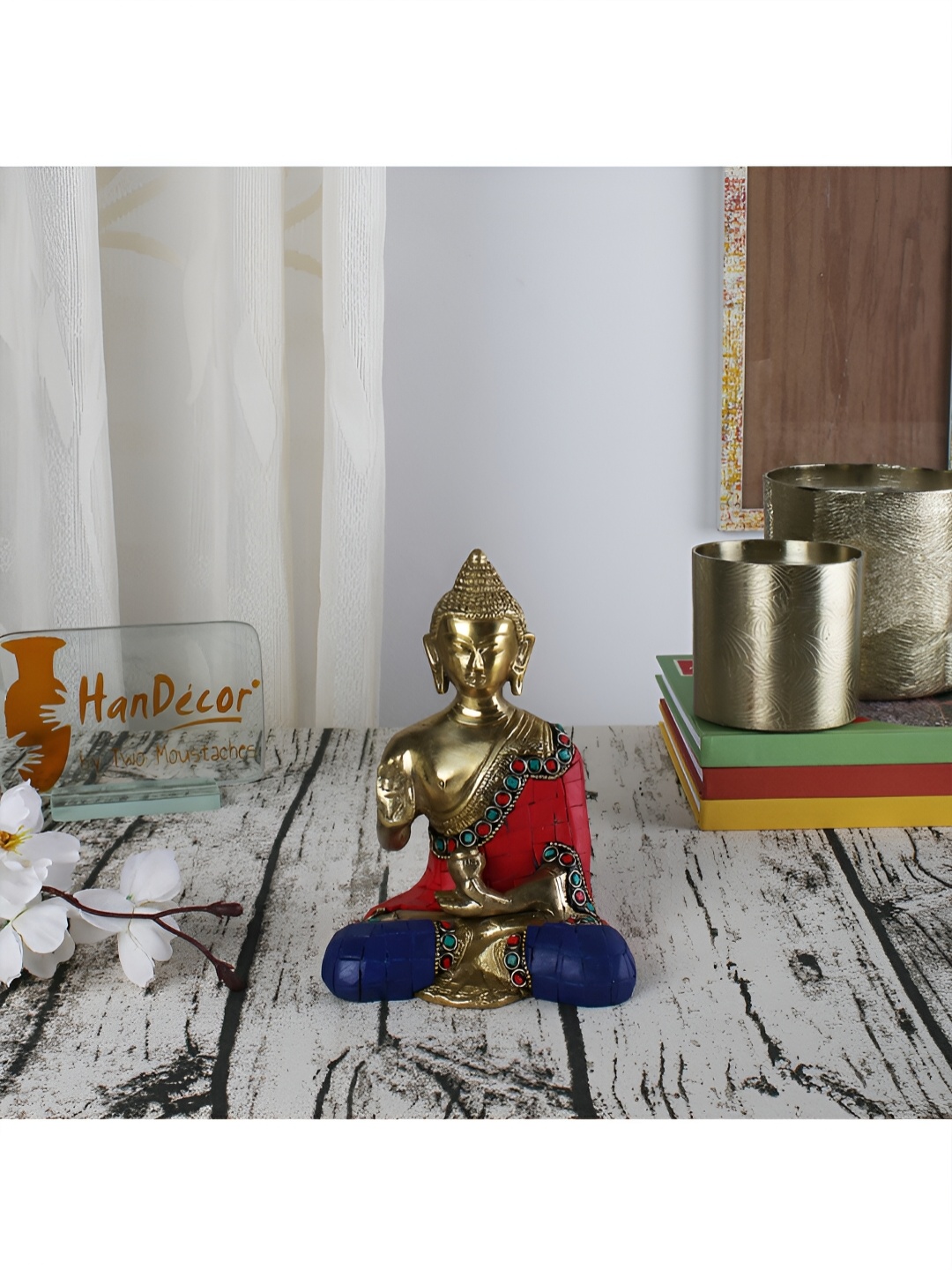 

Two Moustaches Yellow Religious Buddha Meditation Idol Showpiece