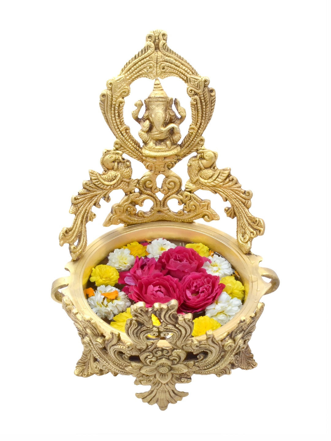 

Two Moustaches Ethnic Peacock Design Carved Ganesha Brass Urli, Gold