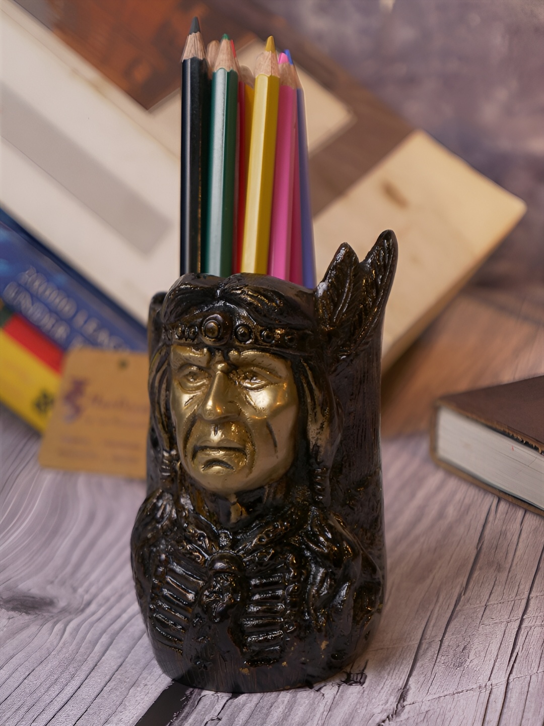 

Two Moustaches Brown Brass Red Indian Pen Stand