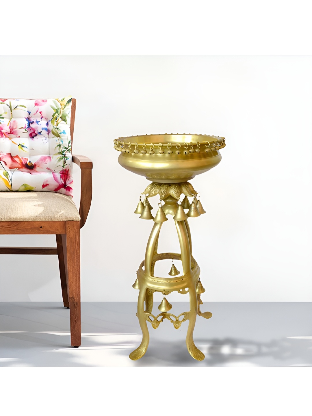 

Two Moustaches Yellow Brass Urli on Stand Showpiece, Gold