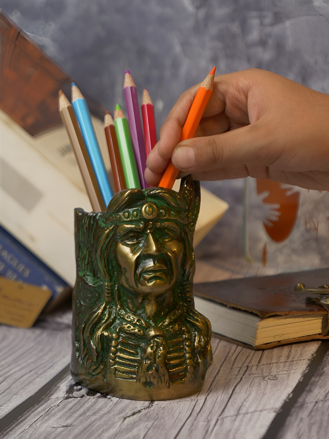 

Two Moustaches Brass Indian Pen Stand, Green