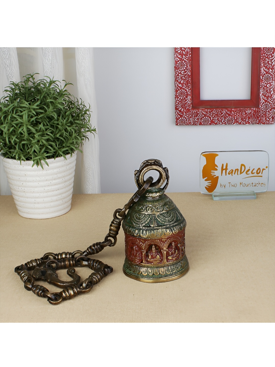 

Two Moustaches Ethnic Brass Ganesha On Hanging Bell, Green