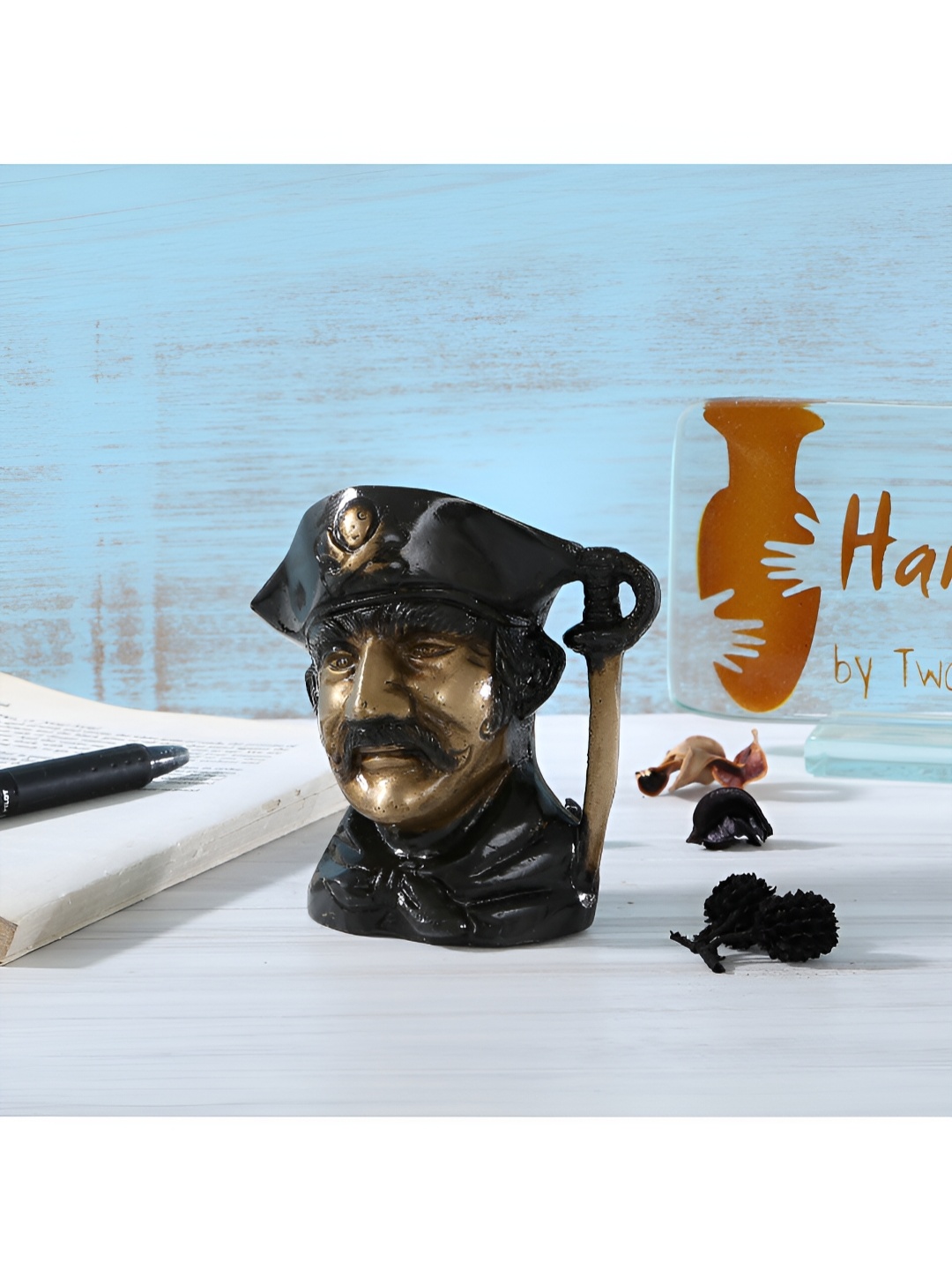 Two Moustaches Brass Pirates Pen Stand, Black