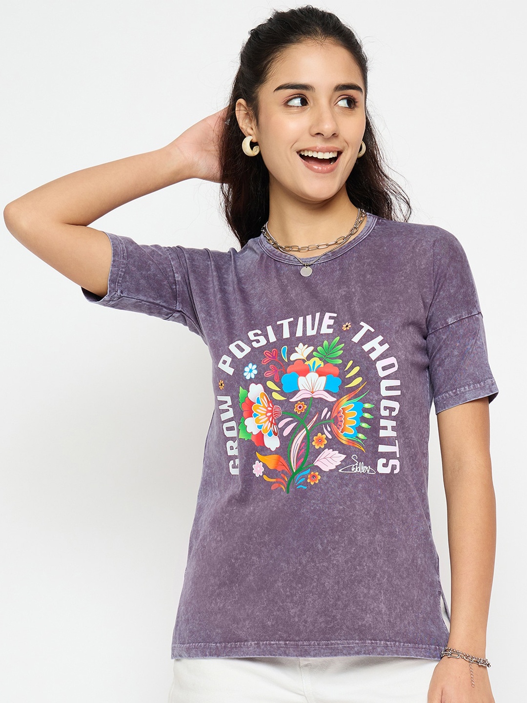 

Skidlers Typography Printed Round Neck Extended Sleeves Cotton T-shirt, Mauve