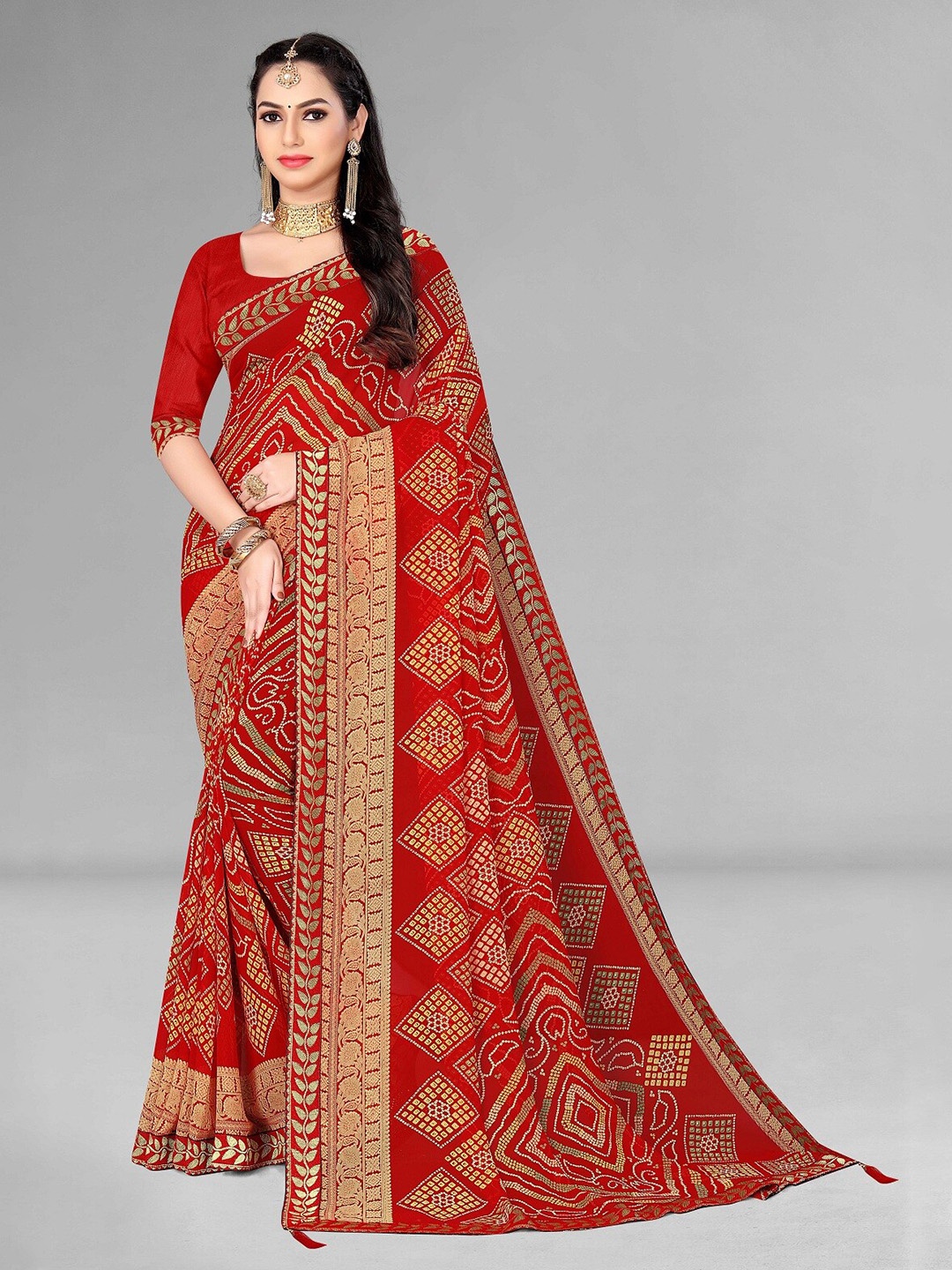 

Supalee Tex Bandhani Printed Gotta Patti Pure Georgette Bandhani Saree, Red