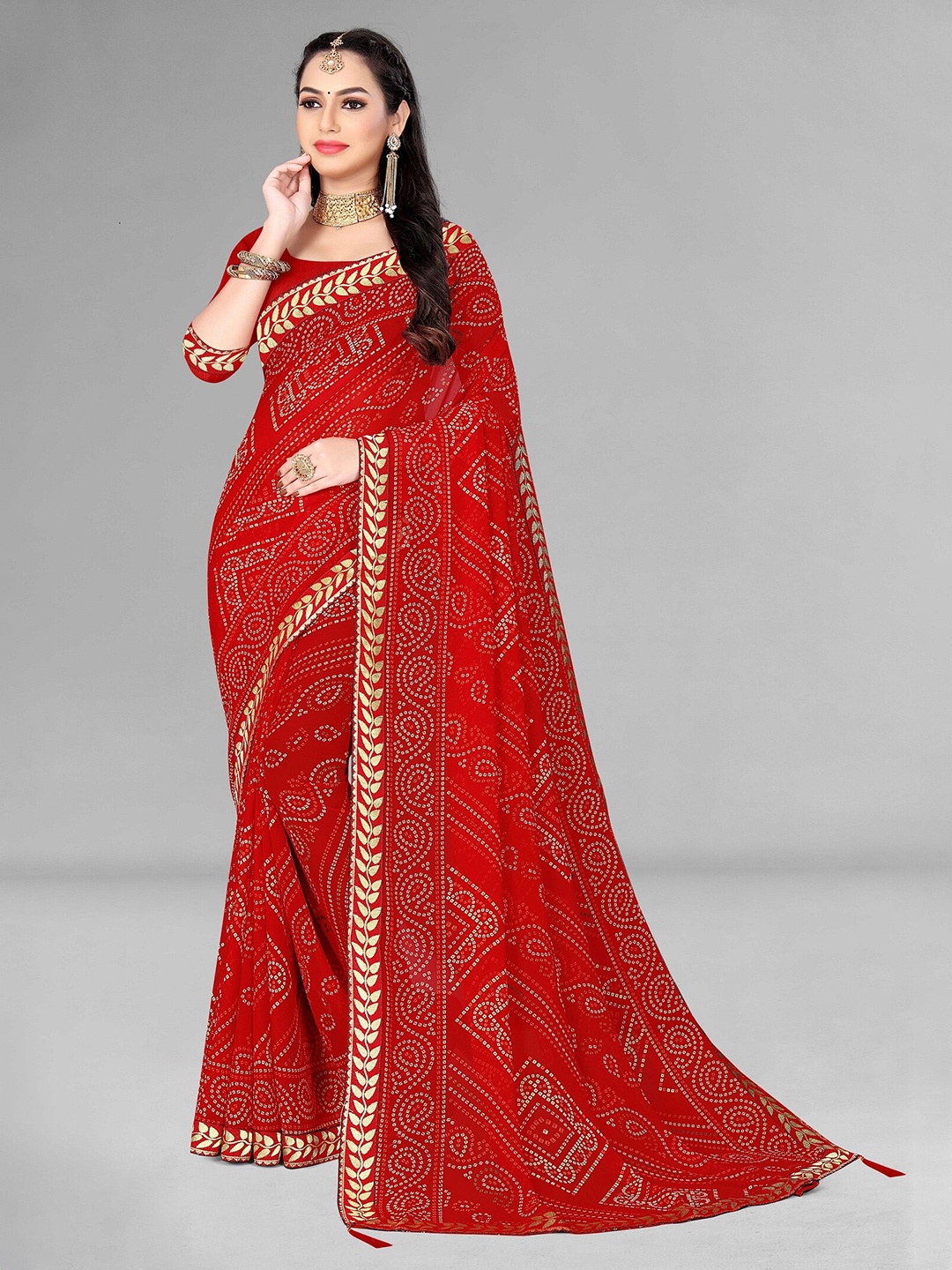 

Supalee Tex Bandhani Printed Gotta Patti Pure Georgette Bandhani Saree, Red