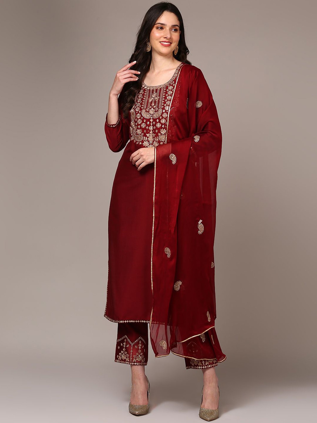 

AHIKA Floral Embroidered Regular Kurta With Trousers & Dupatta, Maroon