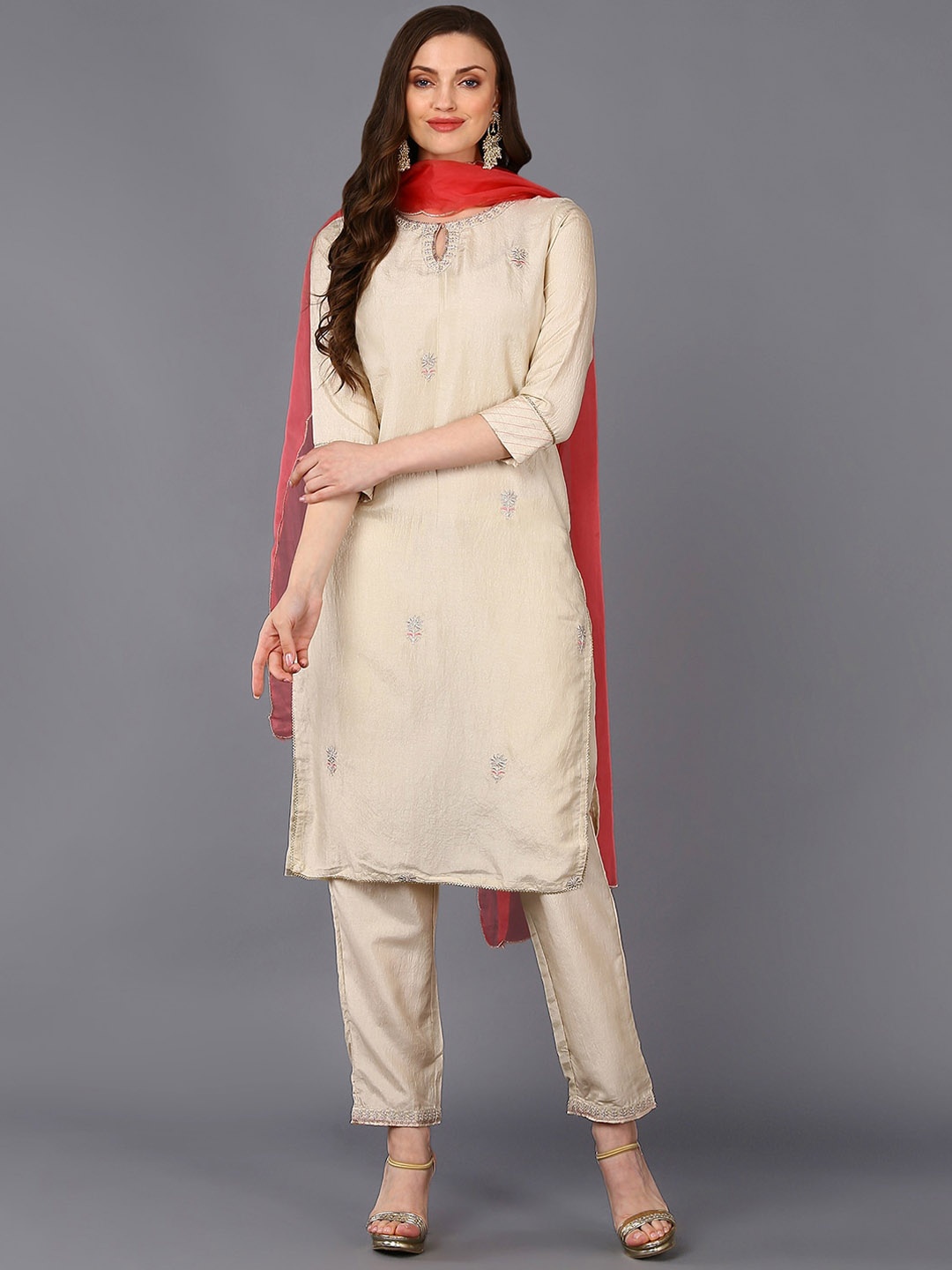

AHIKA Ethnic Motifs Embroidered Regular Thread Work Kurta With Trousers & Dupatta, Mustard