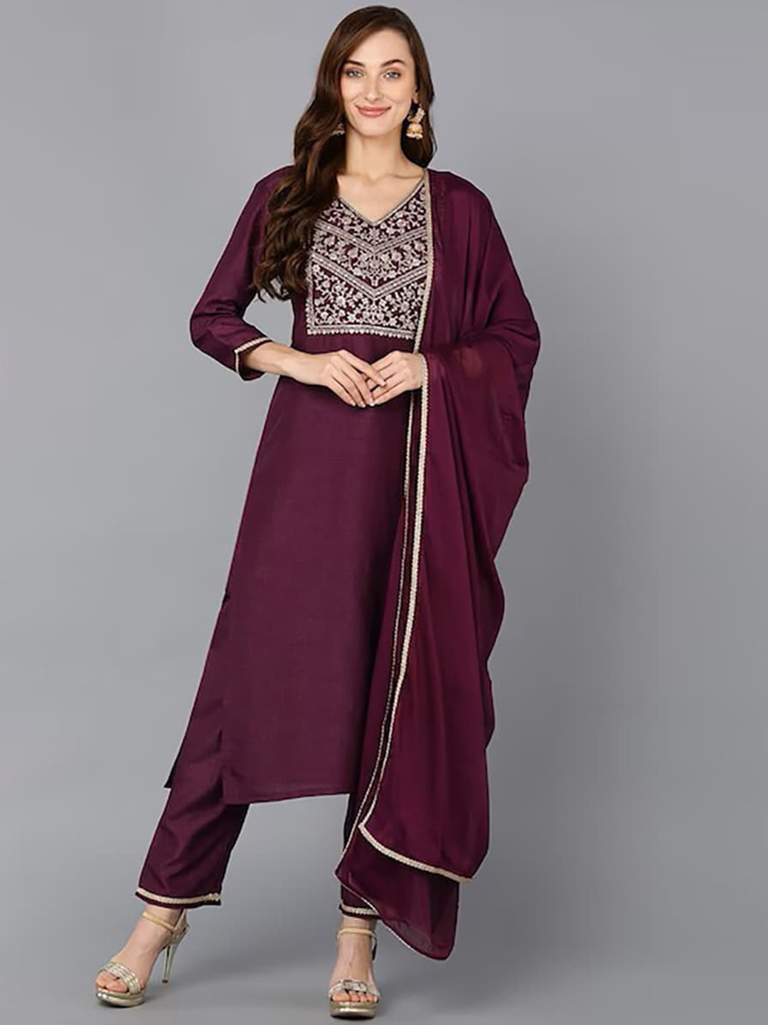 

AHIKA Purple Embroidered Regular Sequinned Kurta With Trousers & Dupatta