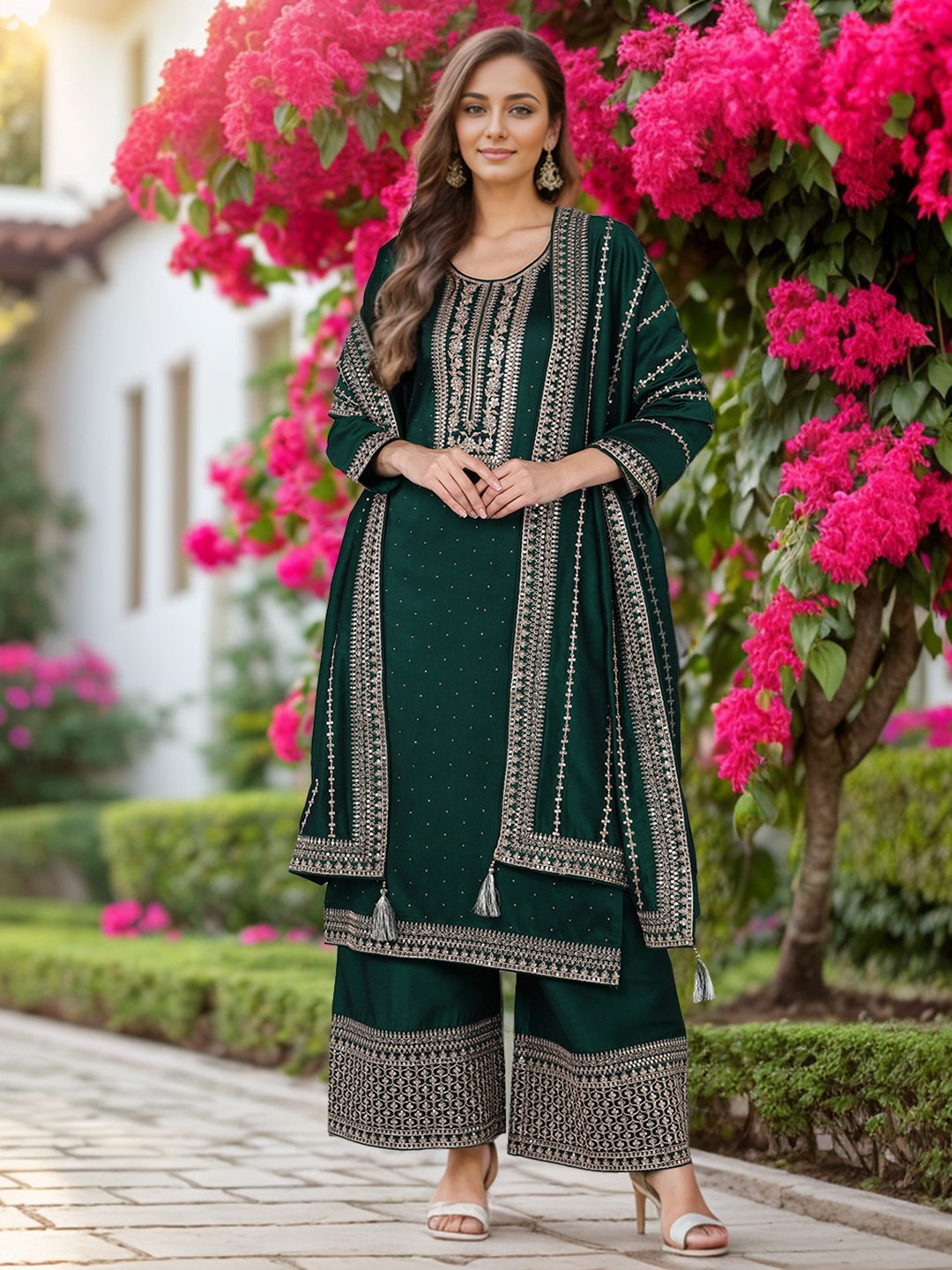 

AHIKA Green Embroidered Regular Sequinned Kurta With Palazzos & Dupatta