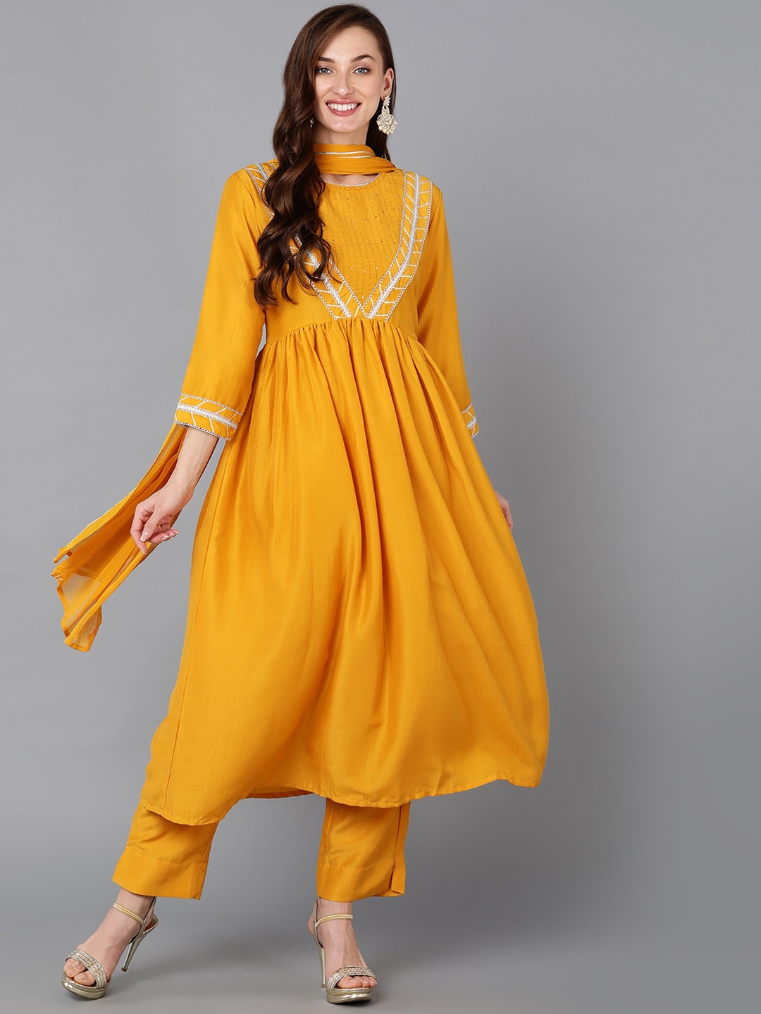 

AHIKA Embroidered Empire Gotta Patti Anarkali Kurta With Trousers & Dupatta, Mustard