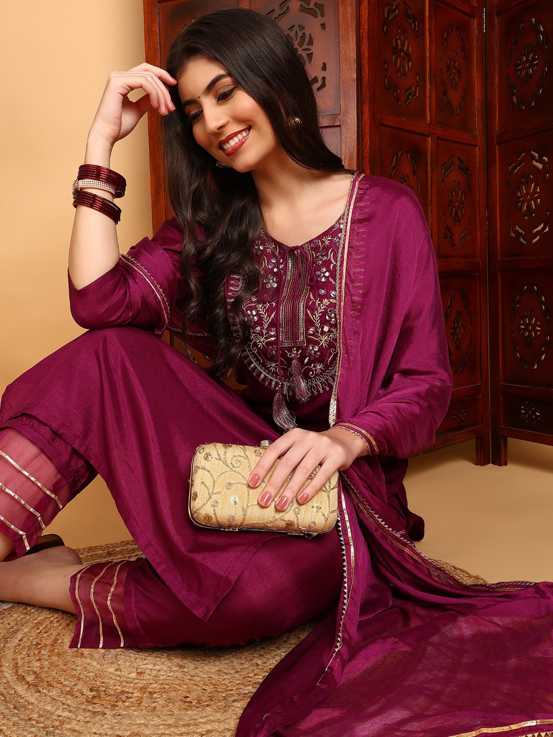 

AHIKA Floral Embroidered Regular Mirror Work Straight Kurta With Trousers & Dupatta, Purple