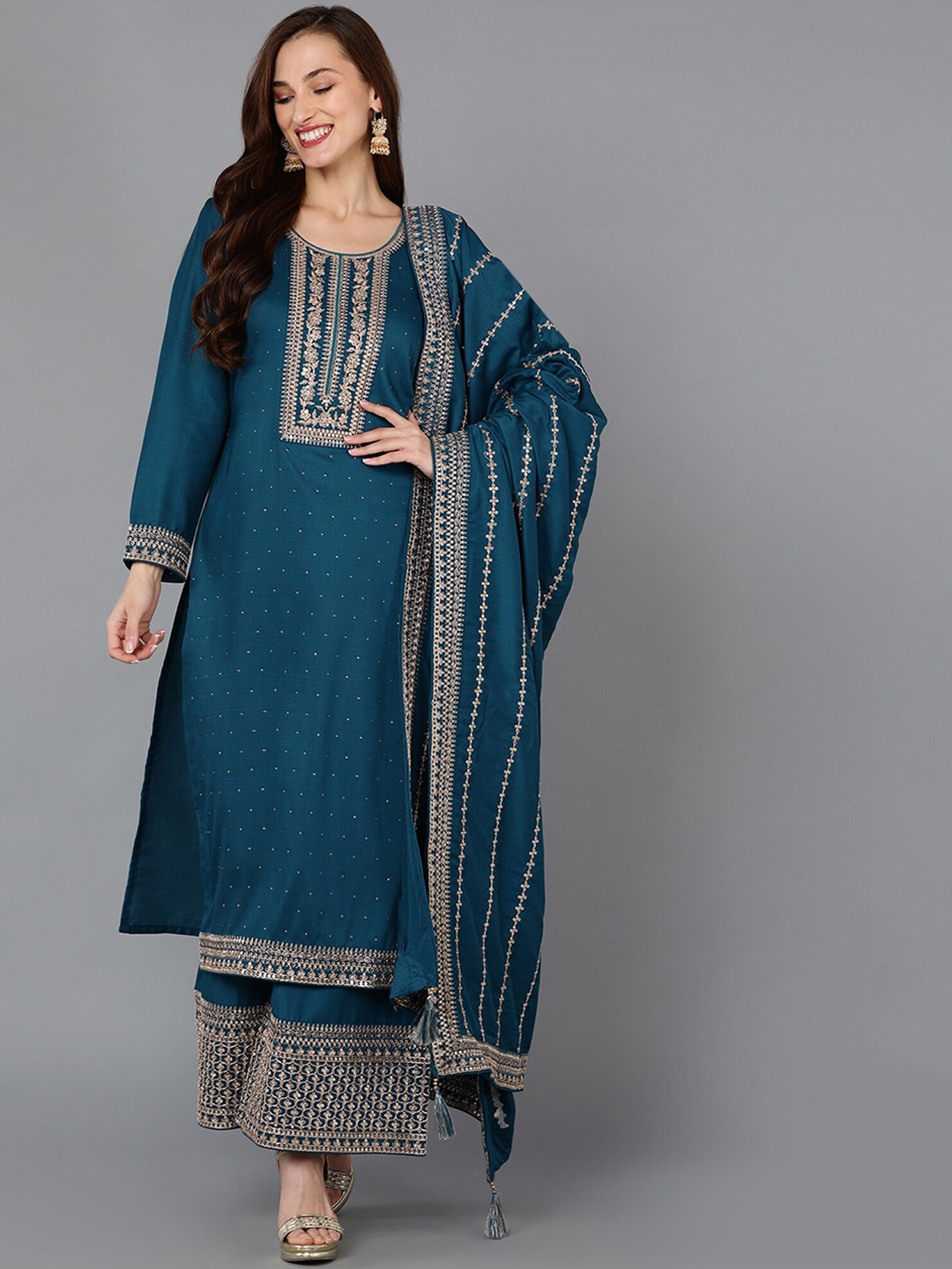 

AHIKA Floral Embroidered Regular Sequinned Kurta With Palazzos & Dupatta, Teal