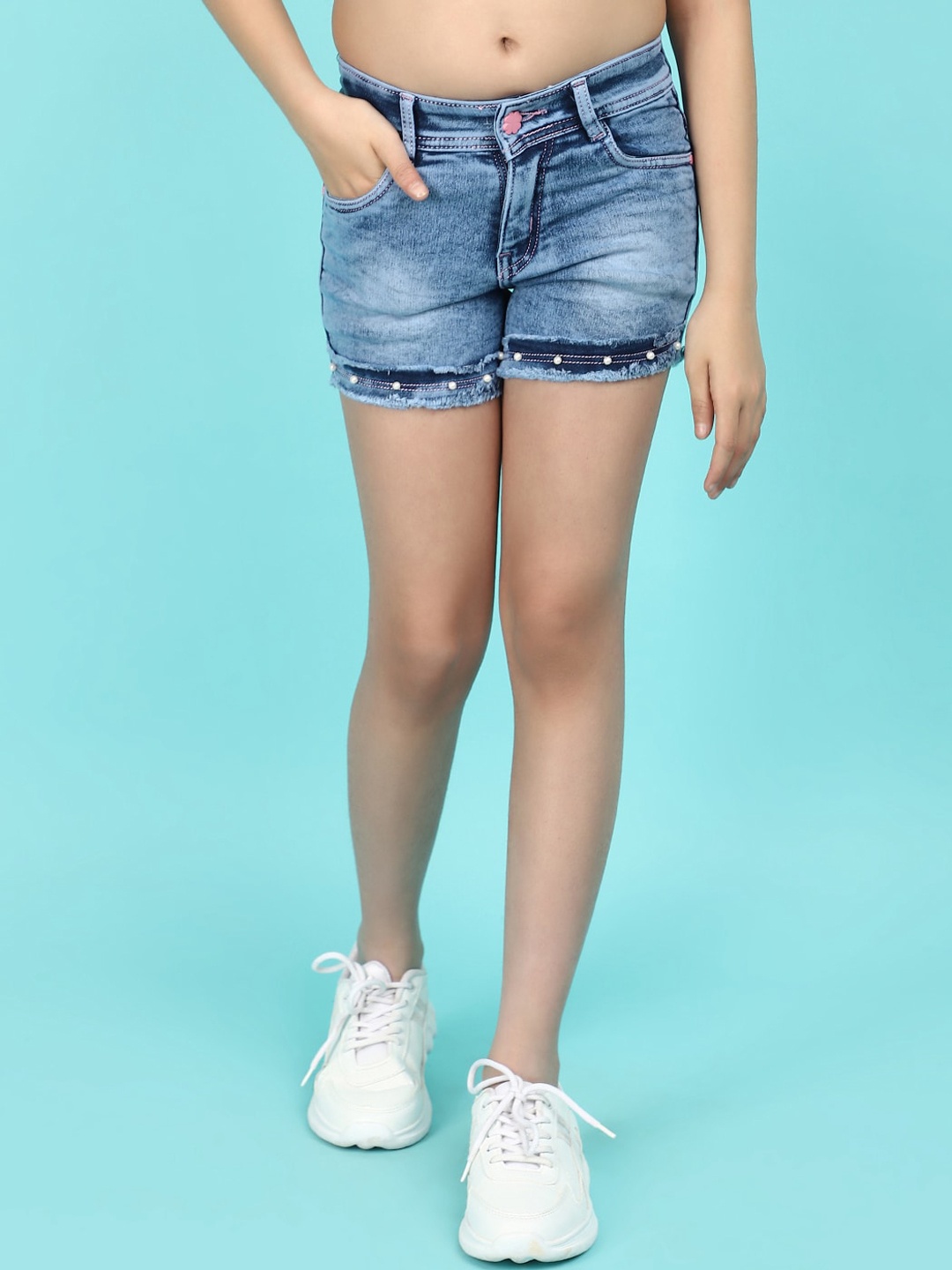 

V-Mart Girls Mid-Rise Washed Denim Shorts, Blue