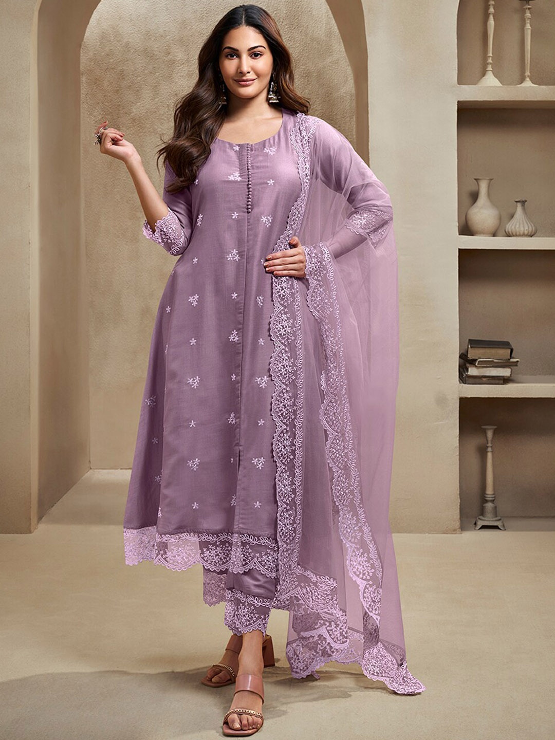 

Inddus Floral Embroidered Regular Thread Work A-Line Kurta with Trousers & Dupatta, Lavender