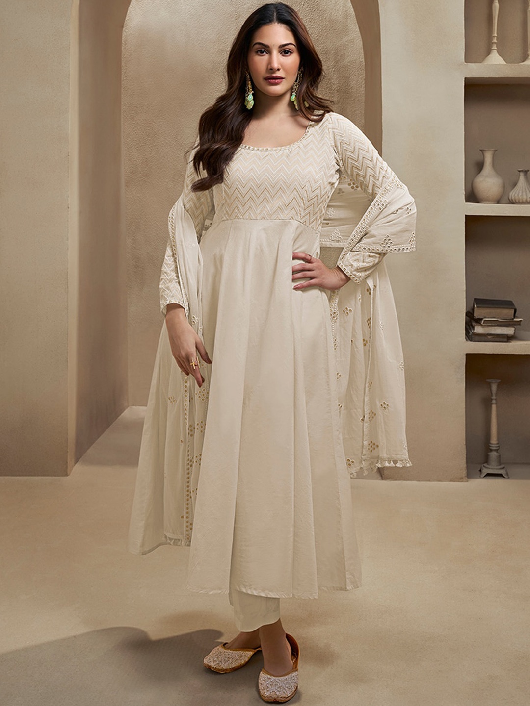 

Inddus Sequinned Embroidered Empire Thread Work Anarkali Kurta with Trousers & Dupatta, Off white