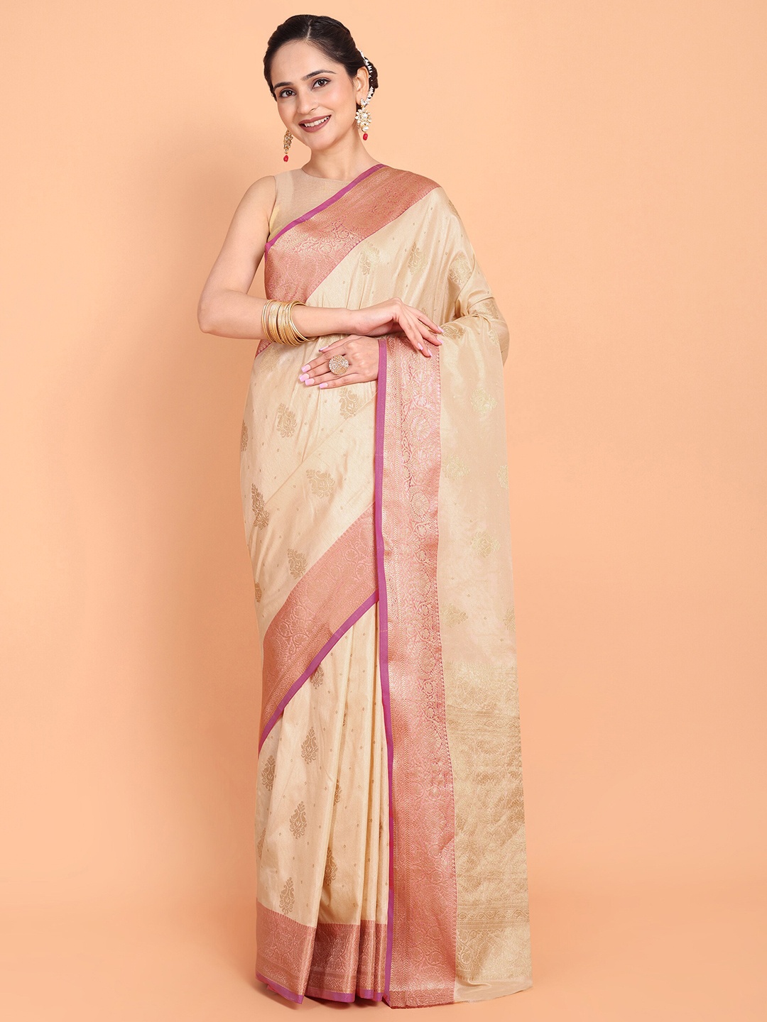 

MAGMINA Woven Design Zari Pure Silk Banarasi Saree, Cream