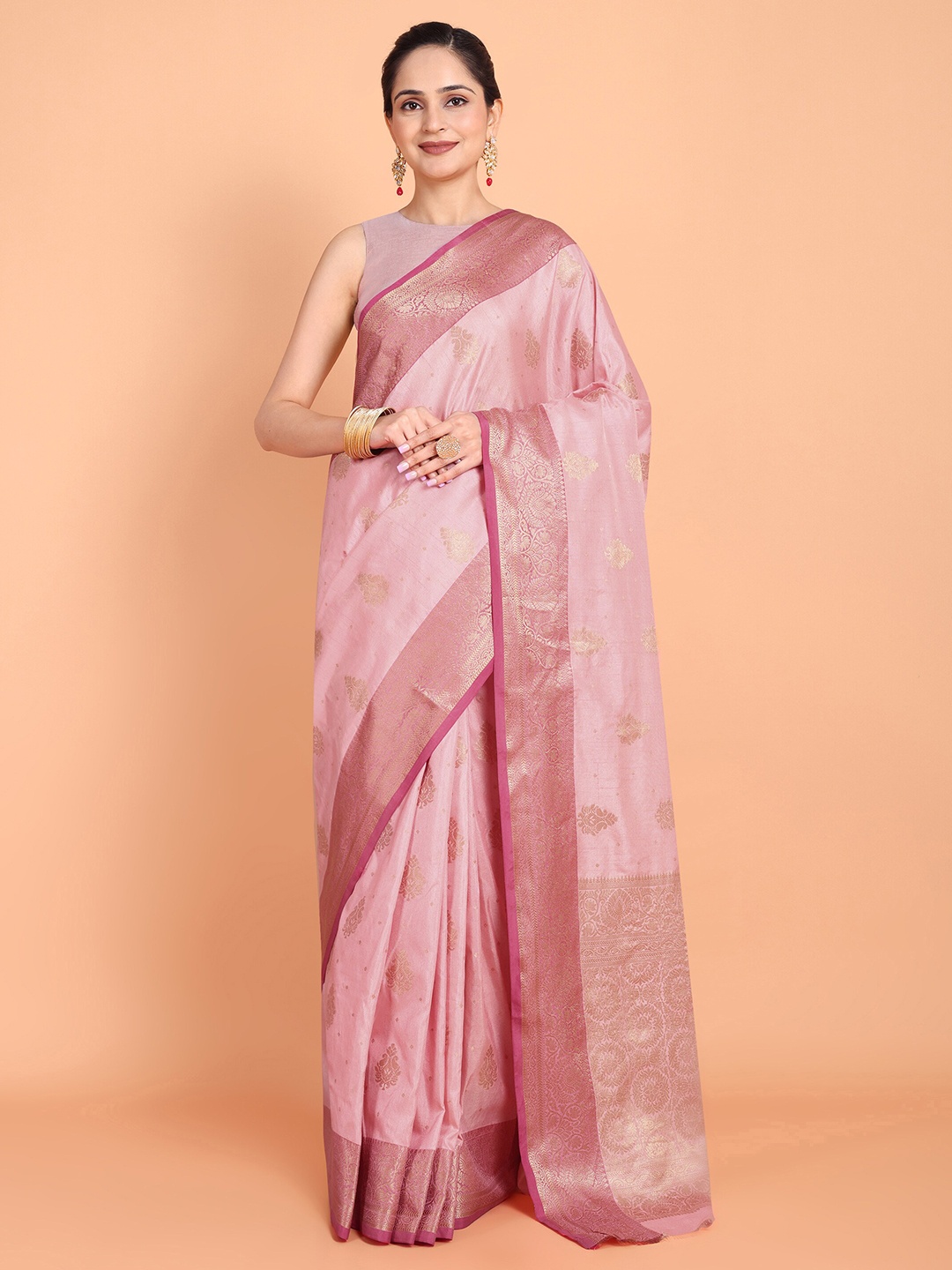 

MAGMINA Ethnic Motifs Woven Design Zari Pure Silk Banarasi Saree, Pink