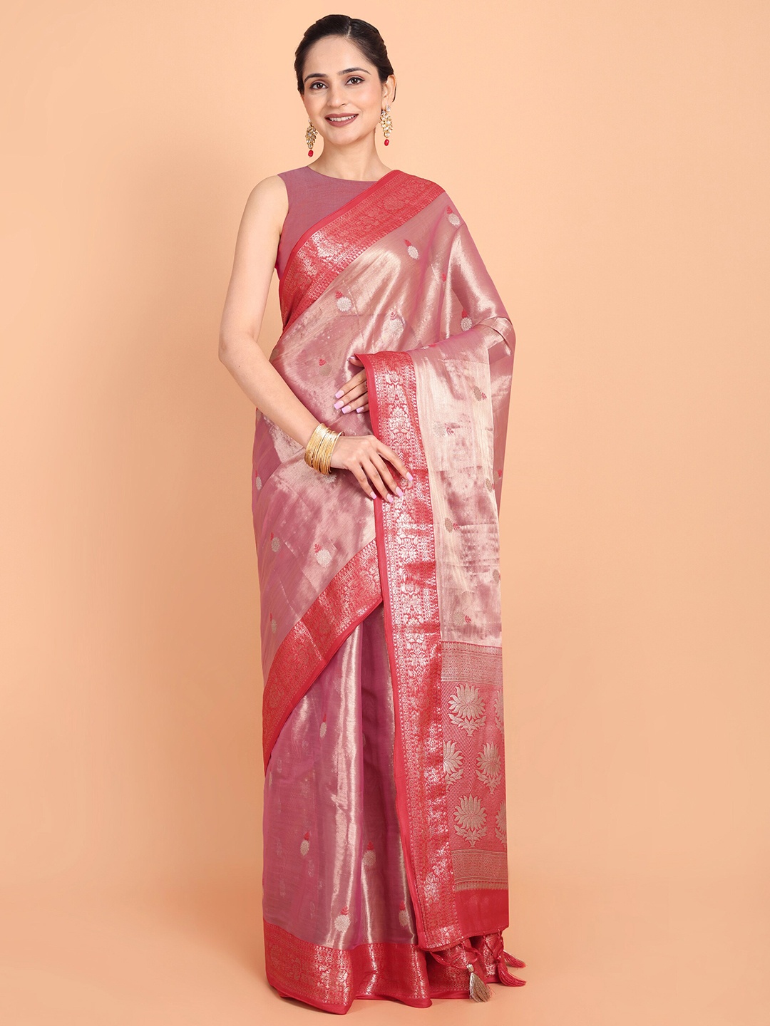 

MAGMINA Ethnic Motifs Woven Design Zari Organza Banarasi Saree, Pink
